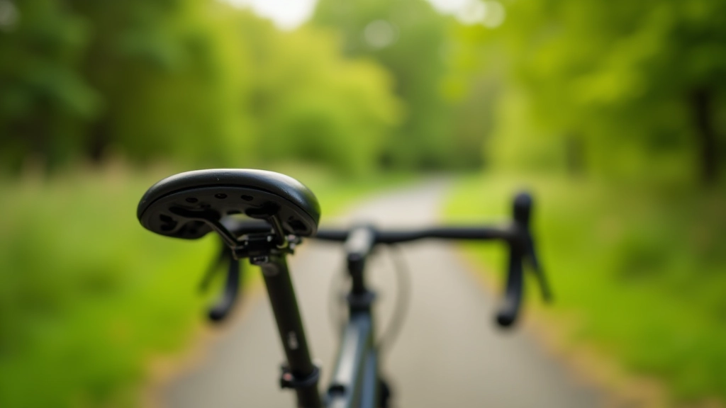 Close-up of bicycle saddle and handlebars adjusted for comfort with scenic greenway background blurred
