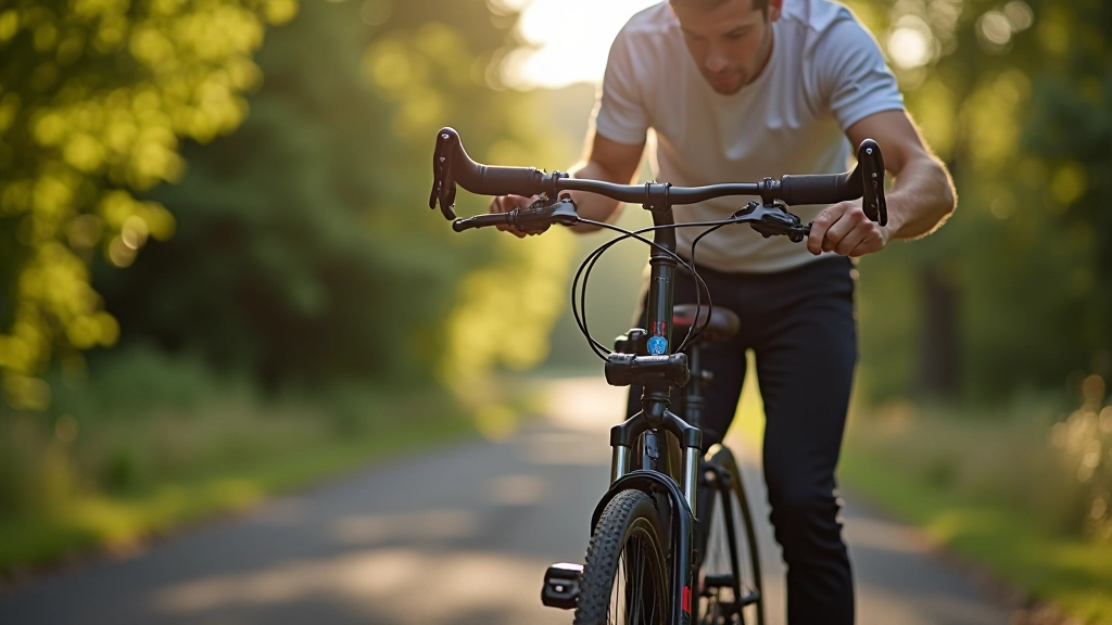 Cyclist preparing bike with adjustment tools and maintenance supplies in bright outdoor setting