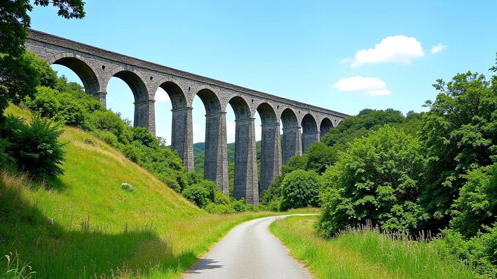 Scenic cycling path along historic railway viaduct with stone arches over green fields under blue sky